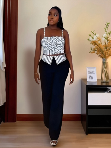 Women's Striped 3D Flower Tube Top Camisole Straight Pants Two-piece Set