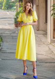 Women's Retro Solid Color V-Neck Lantern Sleeve Slim Dress