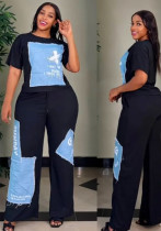 Women's pants set with denim and bright diamonds