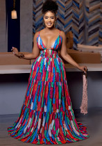 Women's Sexy Halter Backless Printed Colorful Maxi Dress
