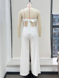 Solid color tassel tube top high waist wide leg pants suit