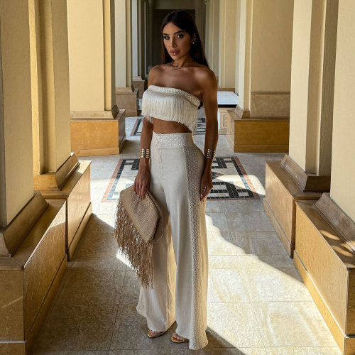 Solid color tassel tube top high waist wide leg pants suit