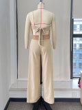 Solid color tassel tube top high waist wide leg pants suit