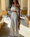 Solid color tassel tube top high waist wide leg pants suit