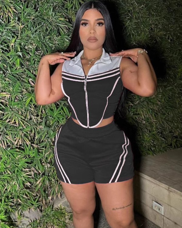 Casual striped contrast color sleeveless elastic slim fit sports two-piece set