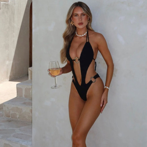 Sexy deep V high slit halter neck strap one-piece swimsuit for women