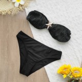 Pure color sexy tube top high waist bikini three piece split swimsuit female glitter bikini