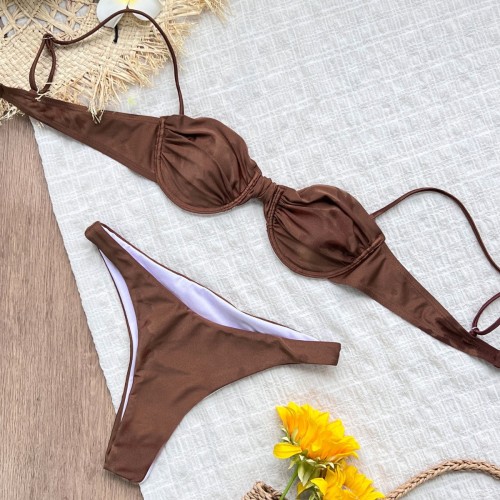 Lady solid color two piece swimwear