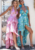 Holiday style women print dress deep-v neck backless irregular maxi dress
