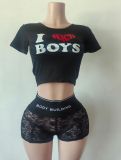 Women sexy print shirt high waisted lace shorts two piece set