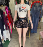 Women sexy print shirt high waisted lace shorts two piece set