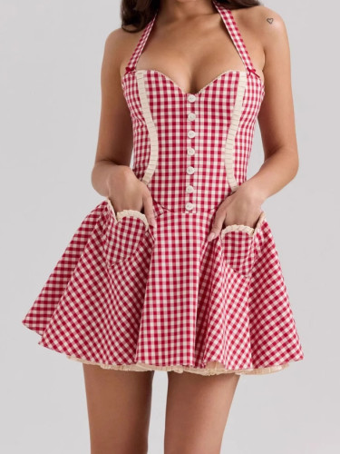 Sexy halter neck contrast color slim fit strappy plaid dress