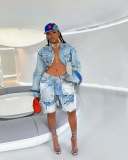 Ladies vintage distressed denim crop jacket and short set