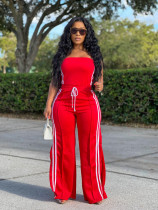 Women red and white streipes casual style tube top pants set