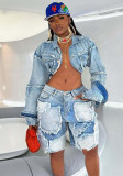 Ladies vintage distressed denim crop jacket and short set