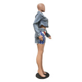 Women casual blue denim jacket short set