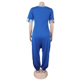 Women casual v-neck patchwork short sleeves loose-fitting jumpsuit