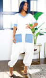 Women casual v-neck patchwork short sleeves loose-fitting jumpsuit