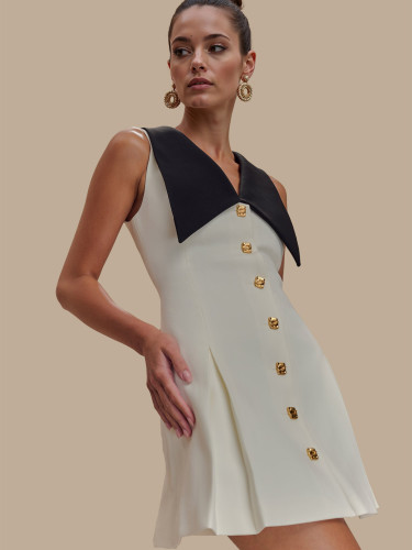 Large lapel metal button sleeveless temperament slim high-end dress