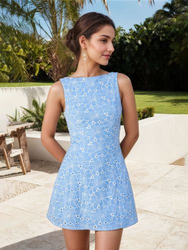 Women blue sleeveless vintage short dress