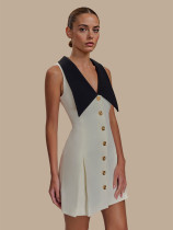 Large lapel metal button sleeveless temperament slim high-end dress