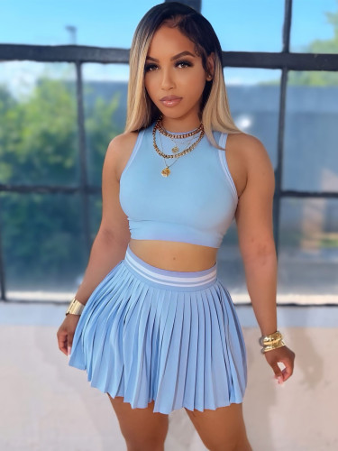 Women's Sleeveless Crop Top + Pleated Skirt Sports Set