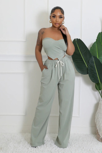 Women solid color summber tube top pants matching set