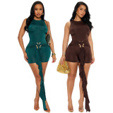 Women's solid color jumpsuit with metal buckle