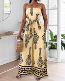 Women's Retro Tribal Pattern Apricot Sexy Tube Jumpsuit 