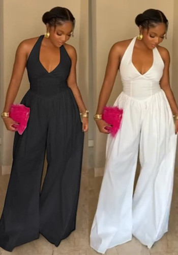 Women solid color deep-v neck bell bottom halter jumpsuit