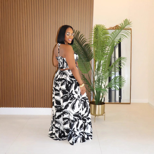 Women's sexy halter-back strappy wide-leg printed jumpsuit