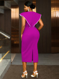 Women's large size contrast color lotus leaf sleeve dress elegant temperament banquet party graduation dress