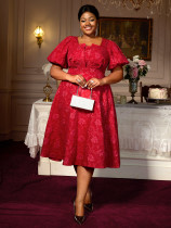 Women's plus size banquet dress high waist slim square neck puff sleeve A-line party dress