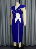 Women's large size contrast color lotus leaf sleeve dress elegant temperament banquet party graduation dress