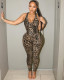 Women's sexy leopard print sleeveless backless tights jumpsuit