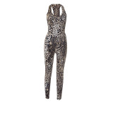 Women's sexy leopard print sleeveless backless tights jumpsuit