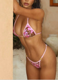 Female leopard flower print two piece bikini swimwear