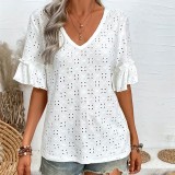 Women's knitted embroidered hollow ruffled V-neck short-sleeved top