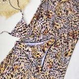 Women's sexy leopard print high waist halter neck bikini three piece swimsuit