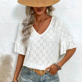 Women's knitted embroidered hollow ruffled V-neck short-sleeved top