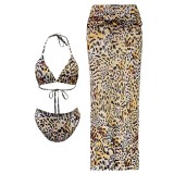 Women's sexy leopard print high waist halter neck bikini three piece swimsuit