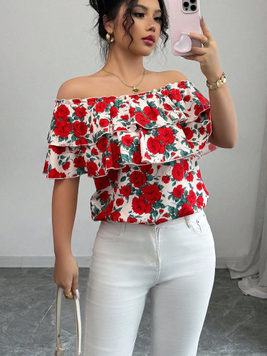 Summer holiday style off shoulder short sleeve double layer ruffles women's top