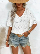 Women's knitted embroidered hollow ruffled V-neck short-sleeved top