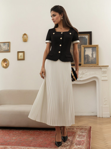 Women's elegant T-shirt and pleated maxi skirt set
