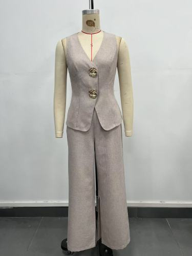 Women's Breathable V-neck Sleeveless Vest Trousers Slit Wide Leg Pants Set 2 Pieces