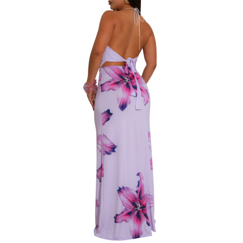 Women's sexy halter neck backless slim fit printed skirt set
