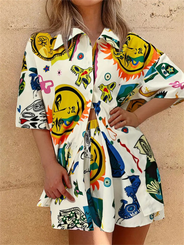 Graffiti Printed Blouse Shorts Two-Piece Set Women