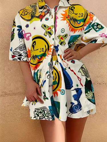 Graffiti Printed Blouse Shorts Two-Piece Set Women