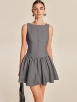 Summer Women Sleeveless Casual Button A-Line Ruffled Elegant Mini Dress