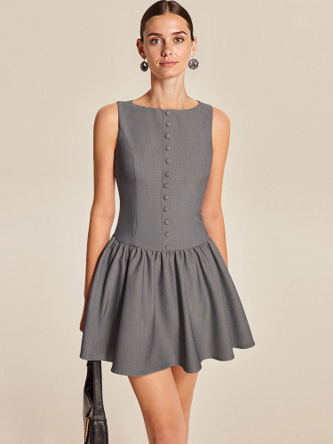 Summer Women Sleeveless Casual Button A-Line Ruffled Elegant Mini Dress